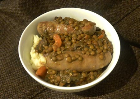 sausage and lentils with mash